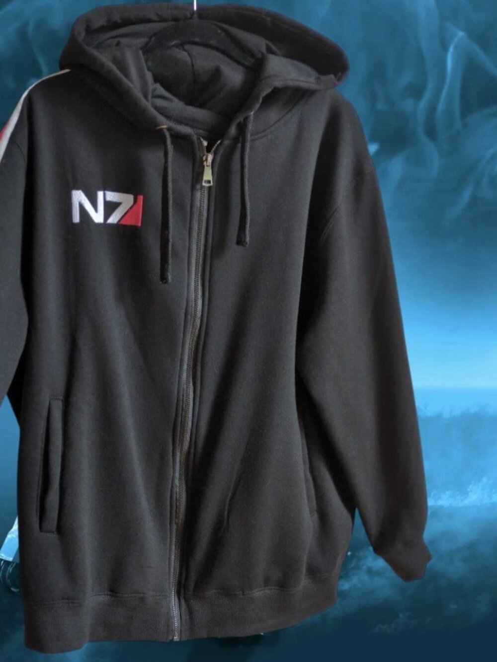 N7 Mass Effect Hoodie Zip Up Fleece Jacket Video Game Cosplay Men's Size XL